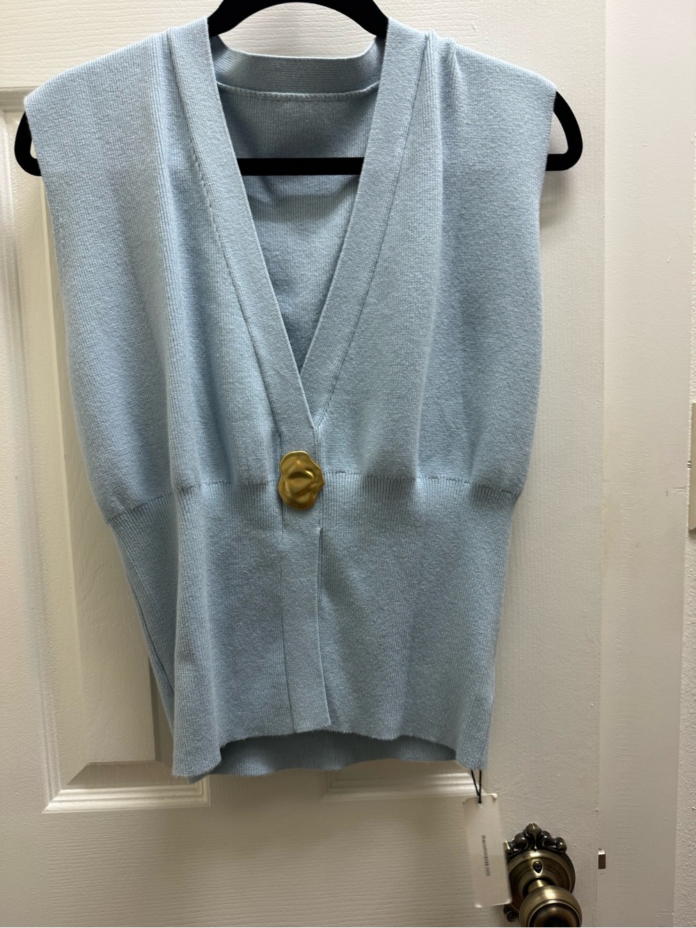 Commense Pale Blue V-Neck Sleeveless Knit Vest with Gold Accent